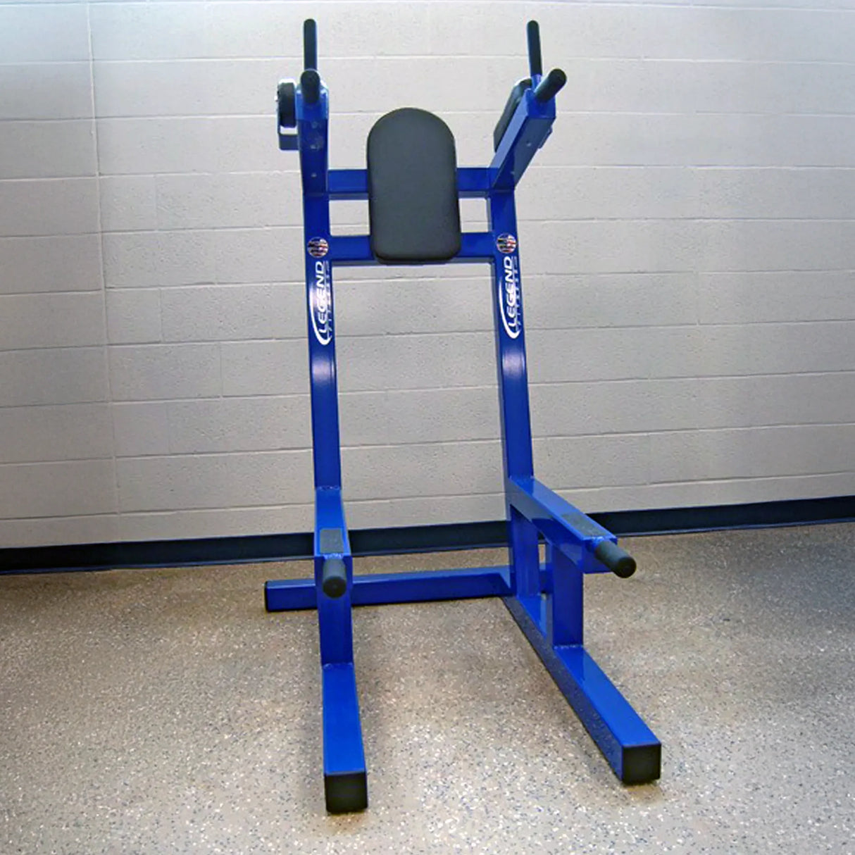 A blue metal crunch chair with black upholstery