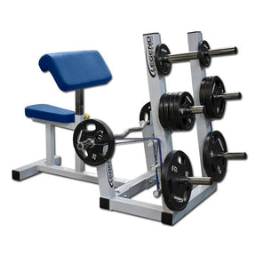 A blue and gray preacher curl bench with black white plates on a white background