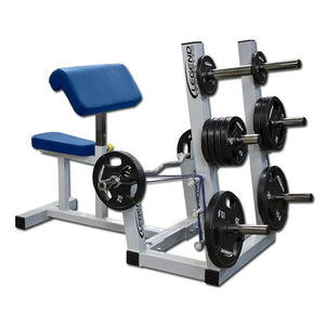A blue and gray preacher curl bench with black white plates on a white background