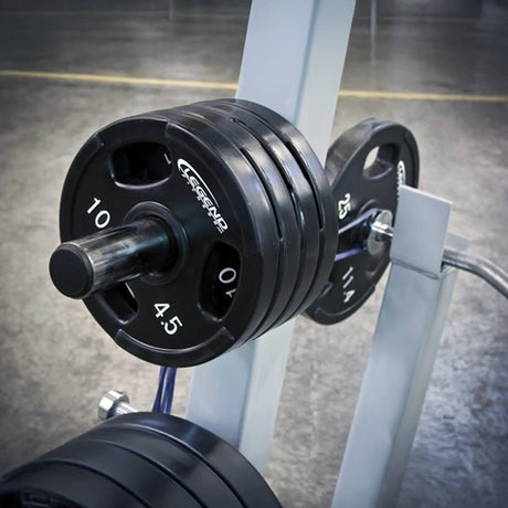 Barbell with weight plates on a rack in a gym setting