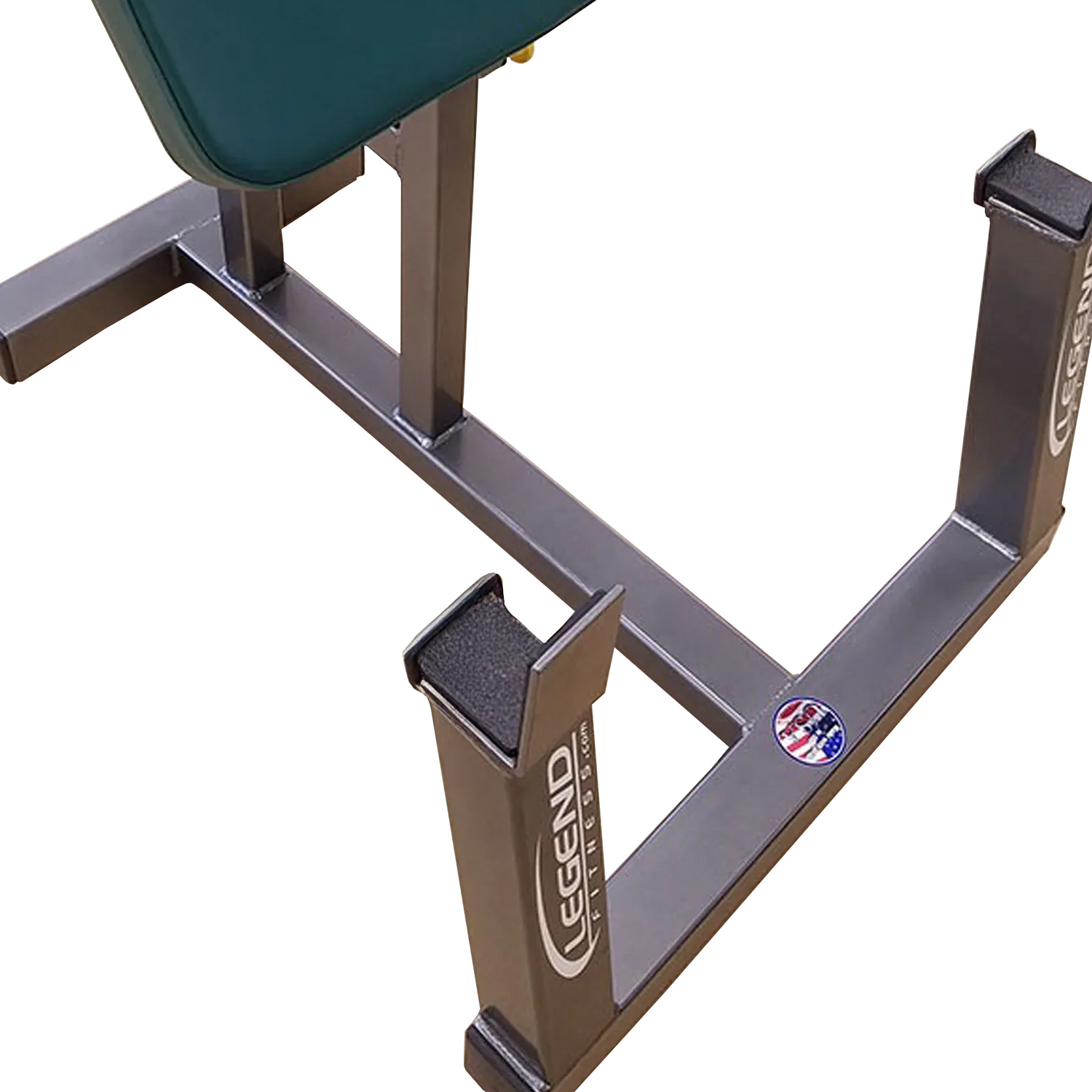 Close-up of a gray curl pedestal with 'Legend Fitness' branding on a white background