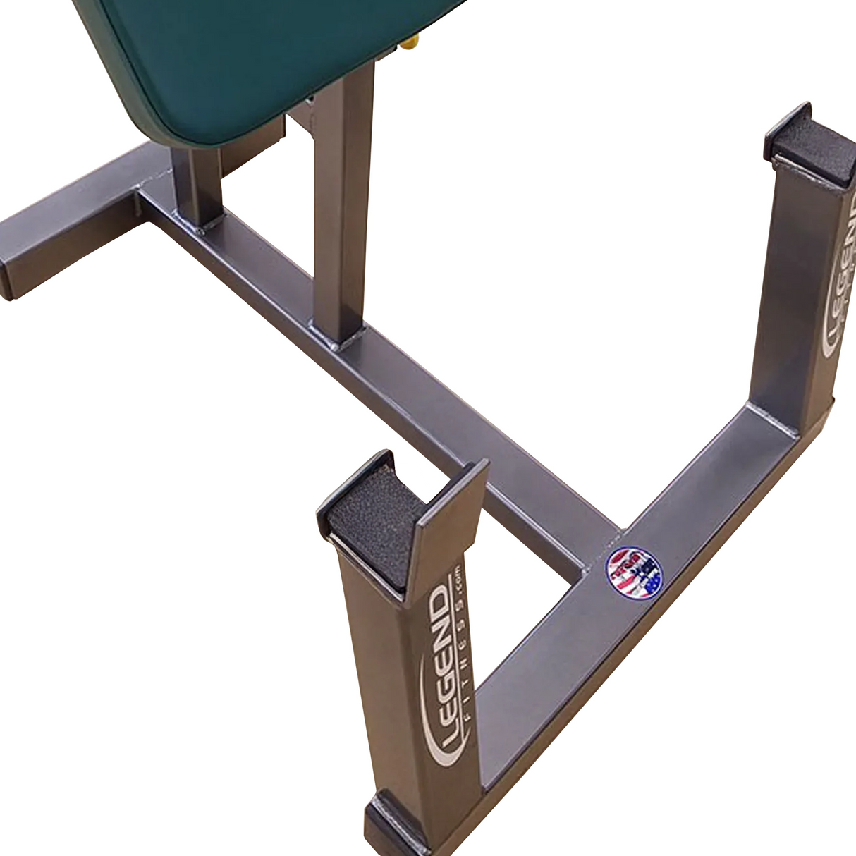 Close-up of a gray curl pedestal with 'Legend Fitness' branding on a white background