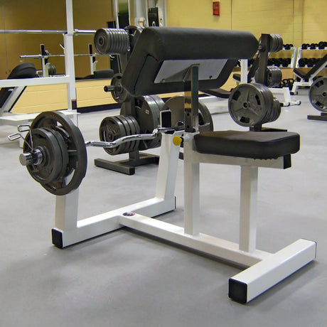 A black and white curl pedestal with Gray plates and a silver bar in a gym setting