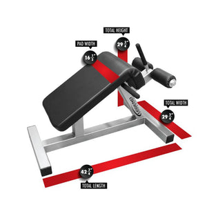 A silver and black angled sit up fitness bench on a white background with labels and dimensions