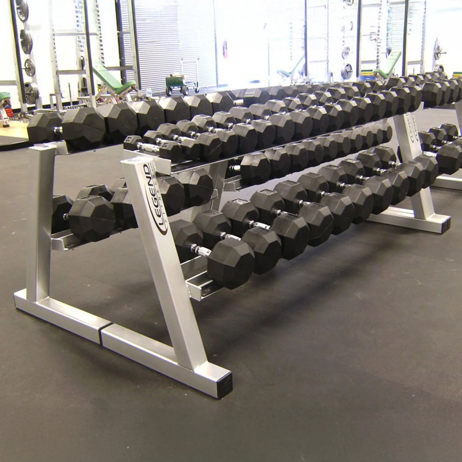 Row of dumbbells on a rack in a gym setting
