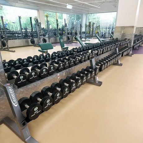 Row of dumbbells on multiple racks in a gym setting