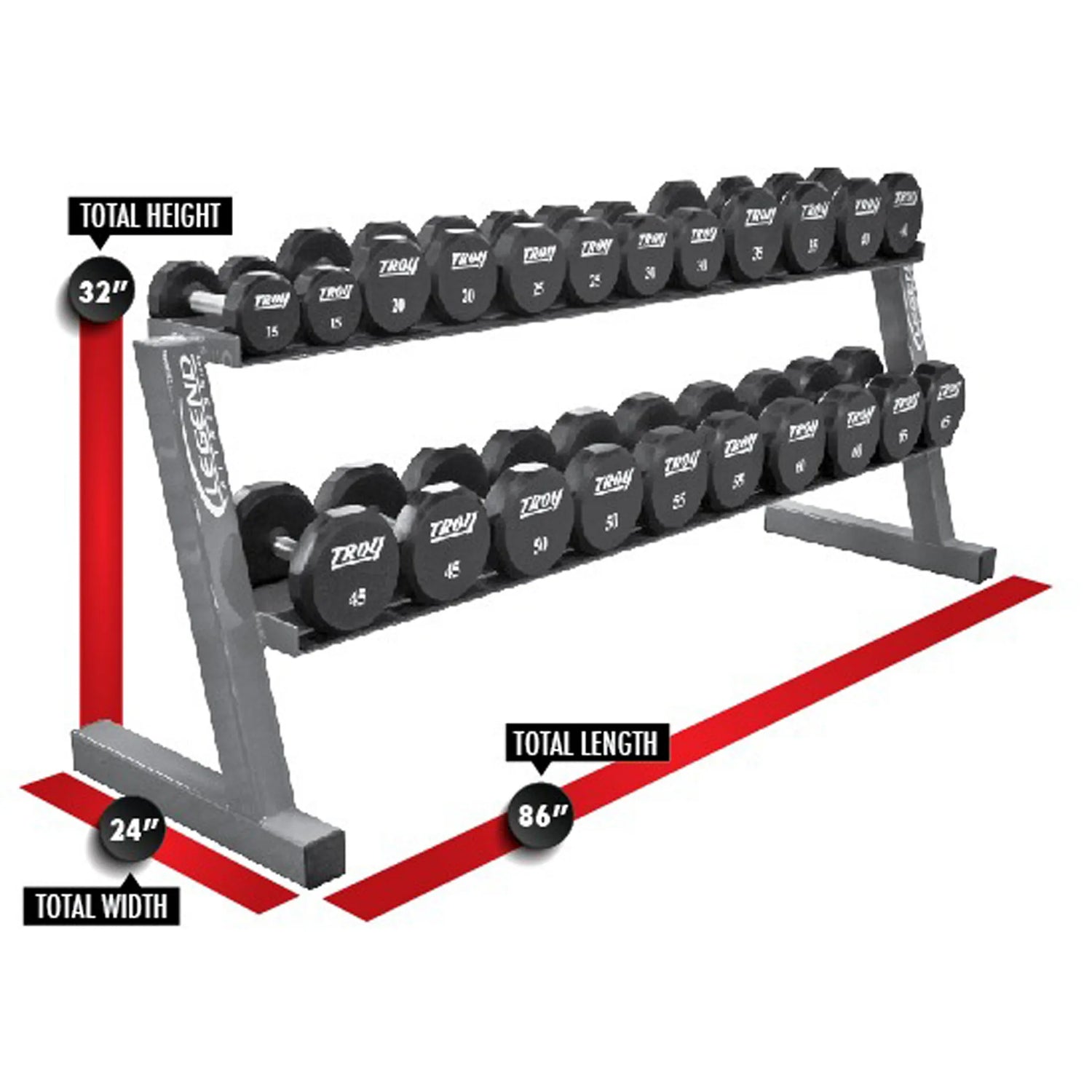 Dumbbell rack with Troy Barbell branding, showing dimensions on a white background.