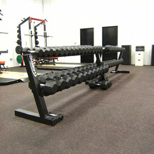 Row of dumbbells on a rack in a gym setting