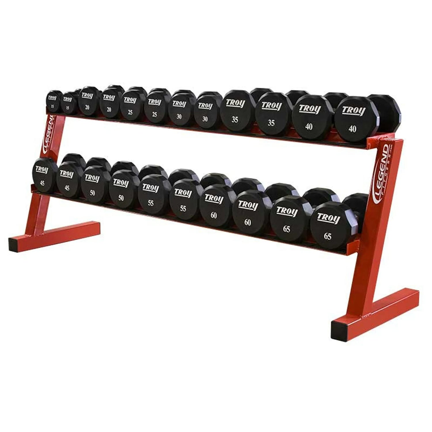 Dumbbell set with red stand on a white background