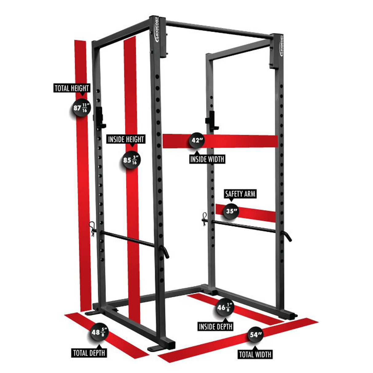 Gym power rack with measurement labels on a white background