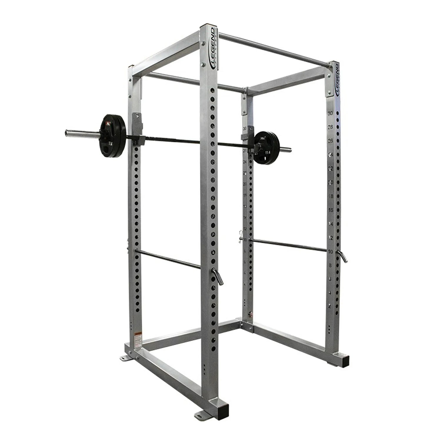 Gray power rack with barbell on a white background