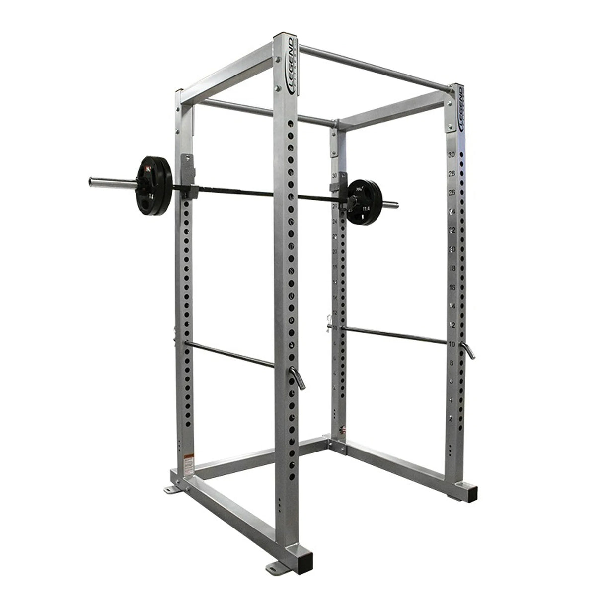 Gray power rack with barbell on a white background