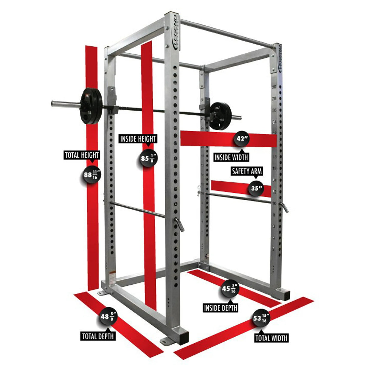 Gray power rack with red measurement markings on a white background