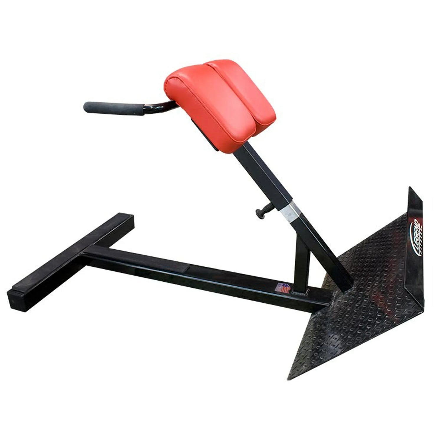 A black and red hyperextension machine on a white background