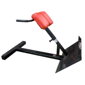 A black and red hyperextension machine on a white background