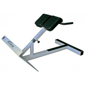 A white and black gym hyperextension machine on a white background