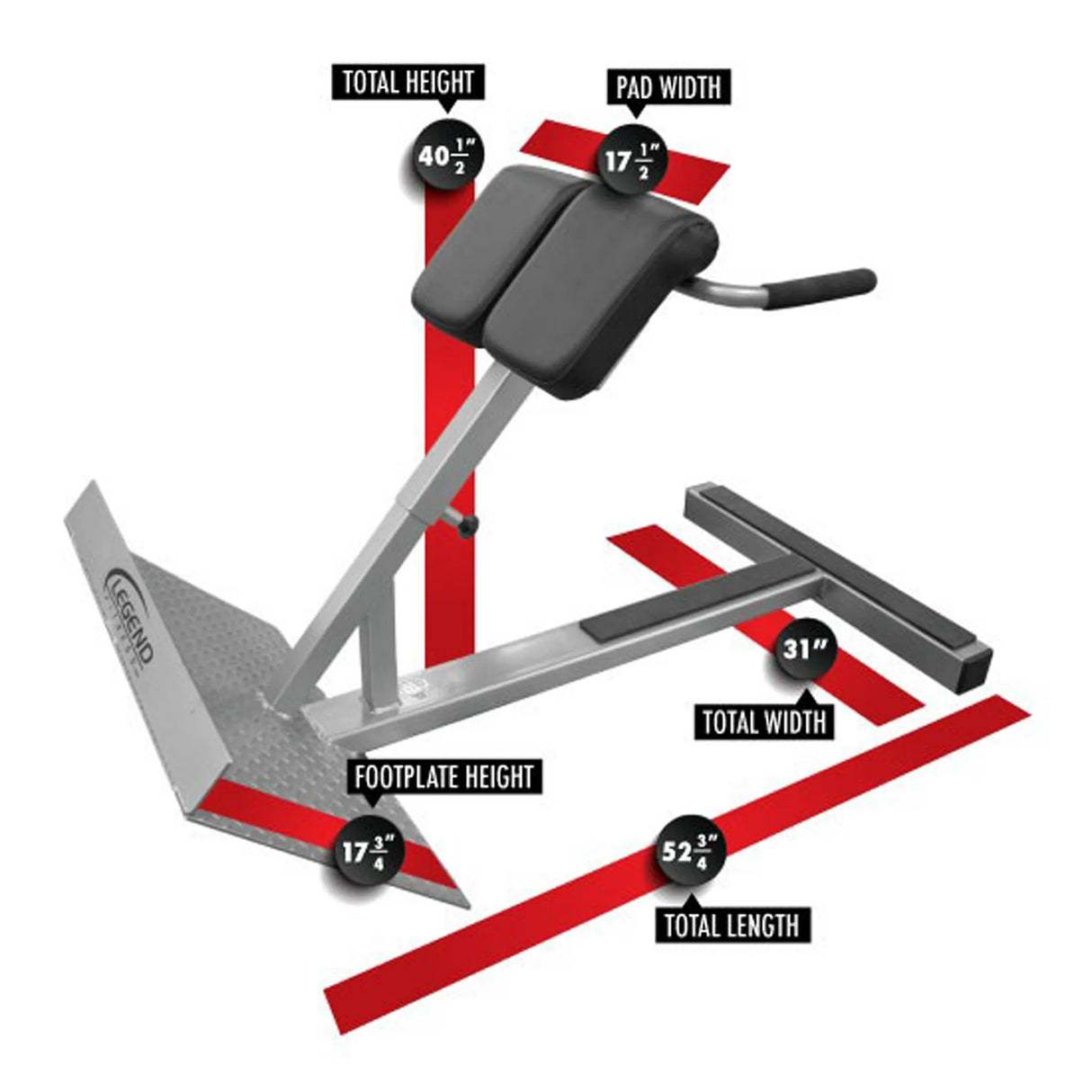 A white and black gym hyperextension machine on a white background with dimensions and labels