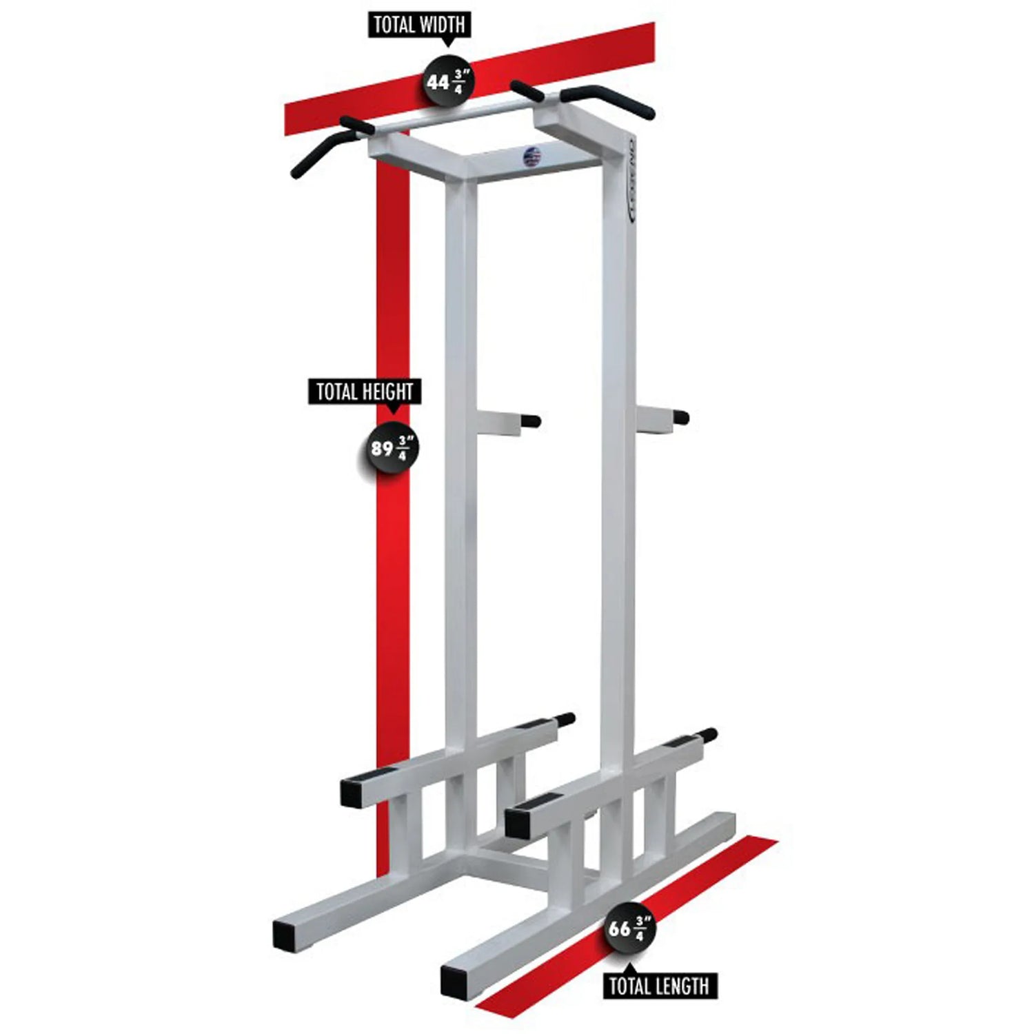 White pull-up bar stand on a white background with dimensions and labels