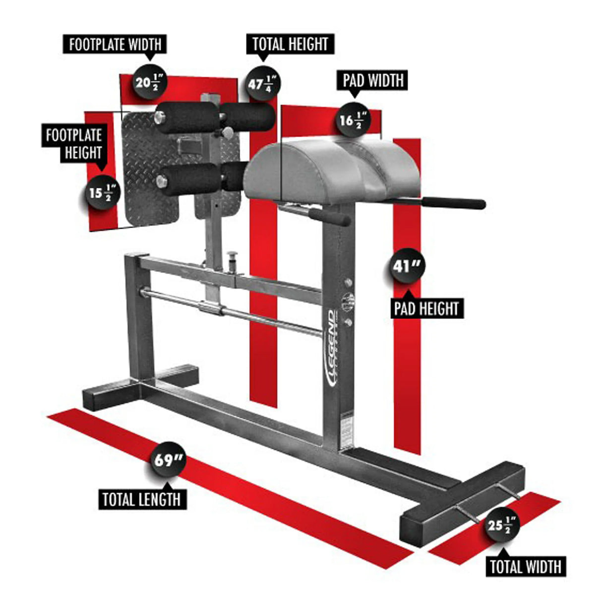 A gray glute ham developer fitness machine on a white background with labels and dimensions