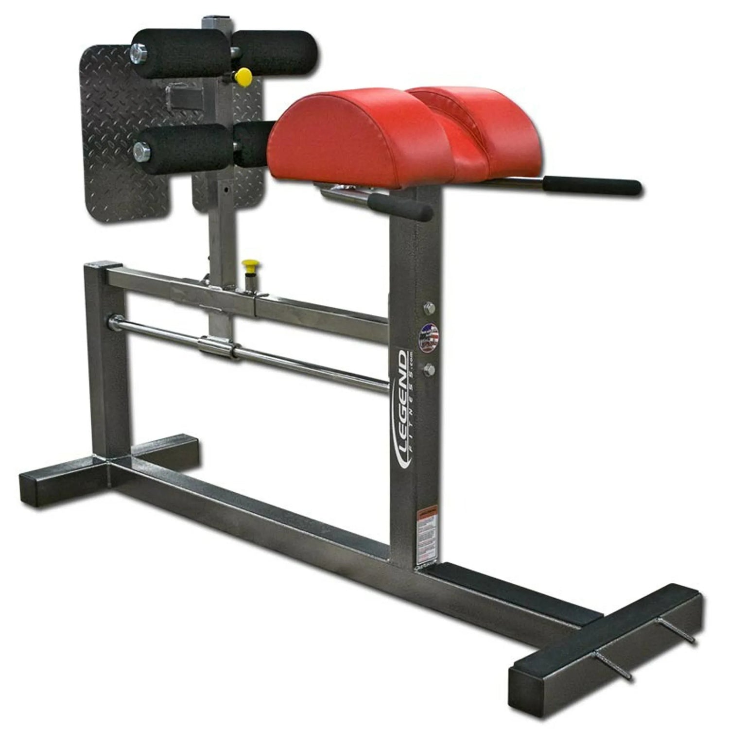 A red and gray glute ham developer fitness machine on a white background