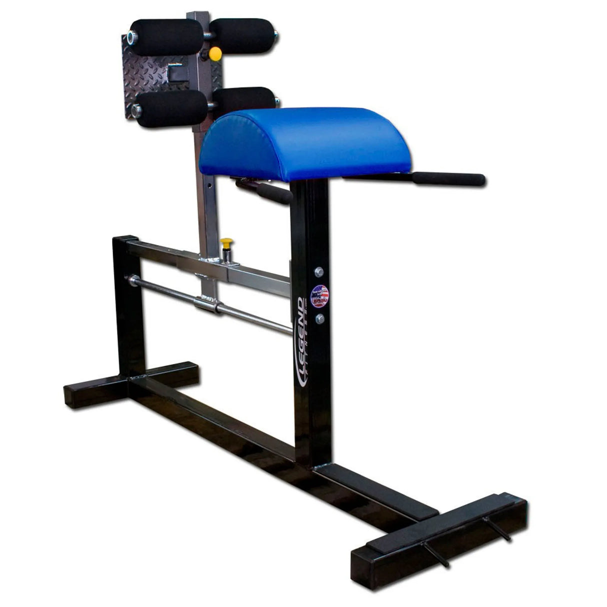 A black and blue glute ham developer fitness machine on a white background
