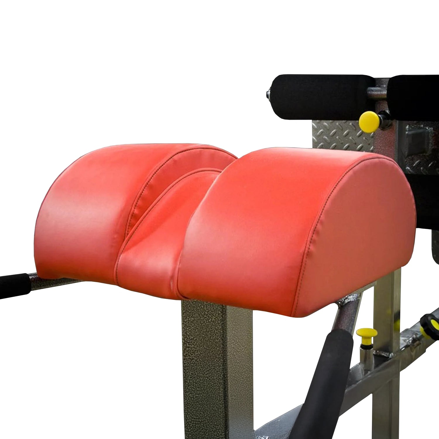 Close up image of a red upholstered pad on a glute ham developer fitness machine on a white background
