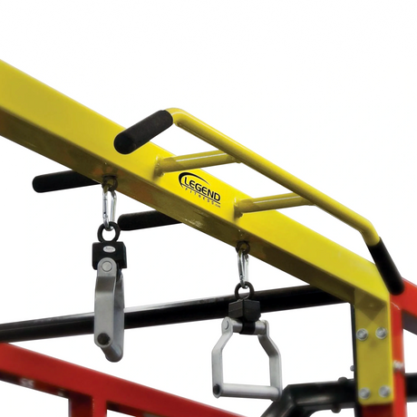 A yellow pull-up bar crossmember with metal pull-up handles hanging from it on a white background