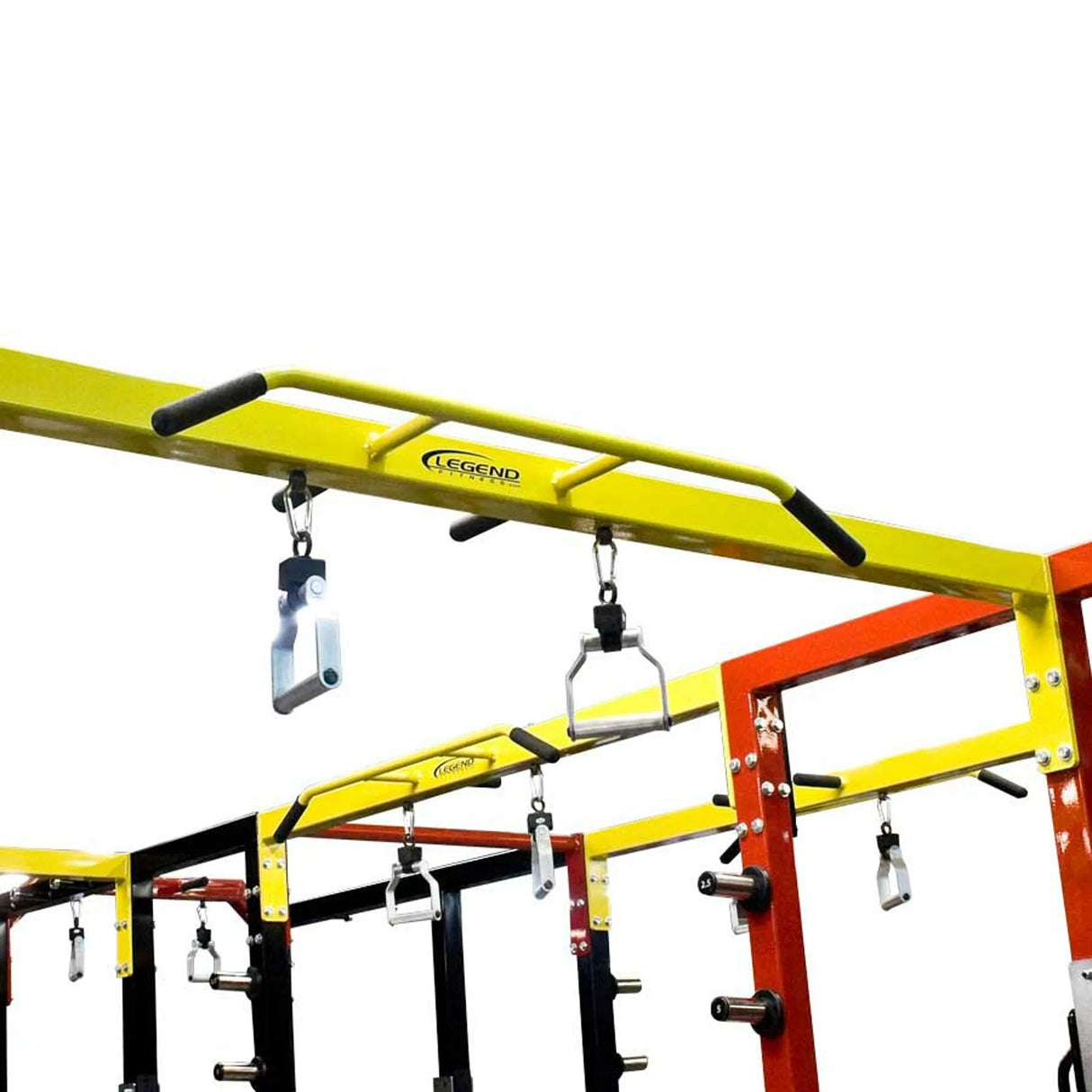 Yellow pull-up bar with hanging metal pull-up handles on a white background