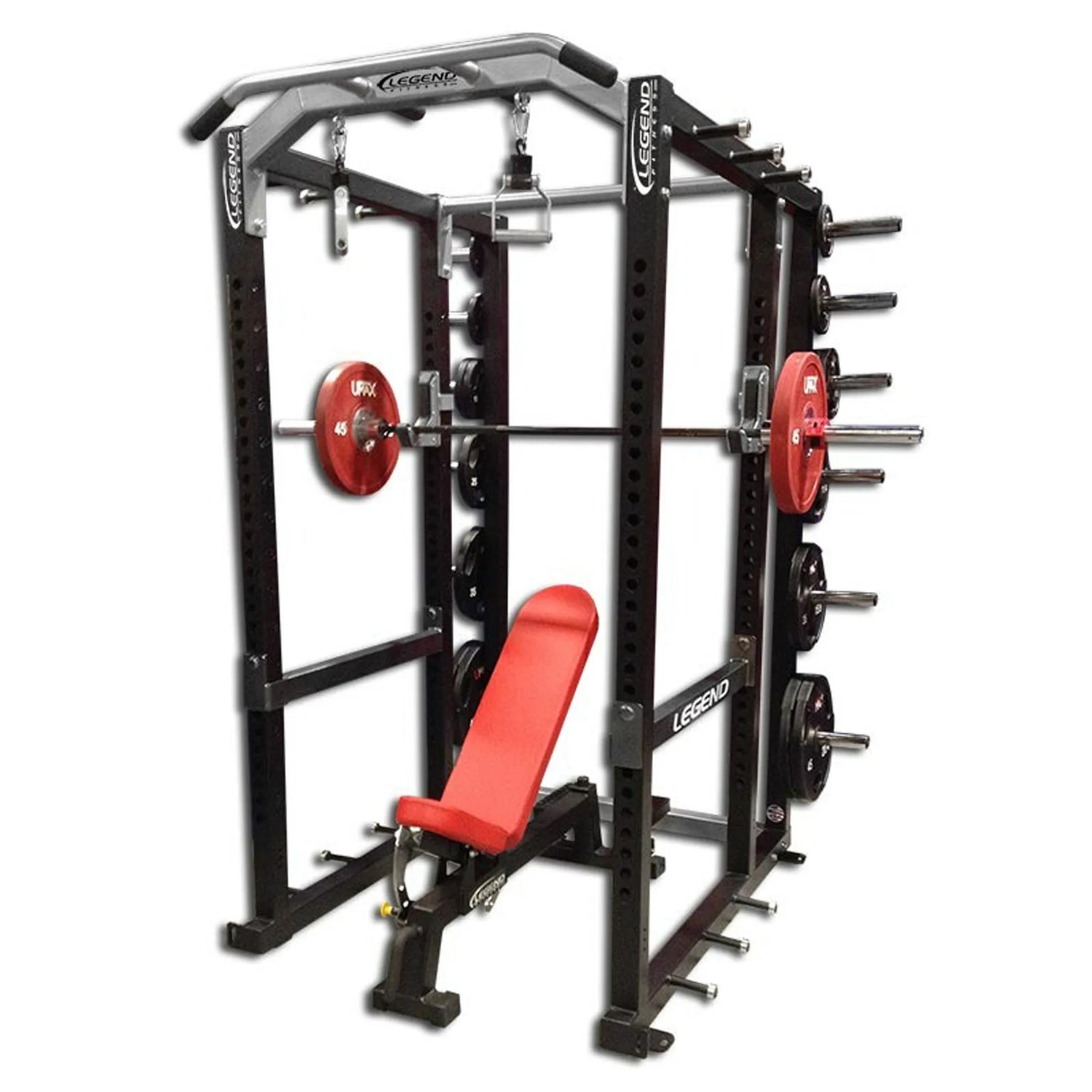 Gym power rack with red weight plates and bench on a white background