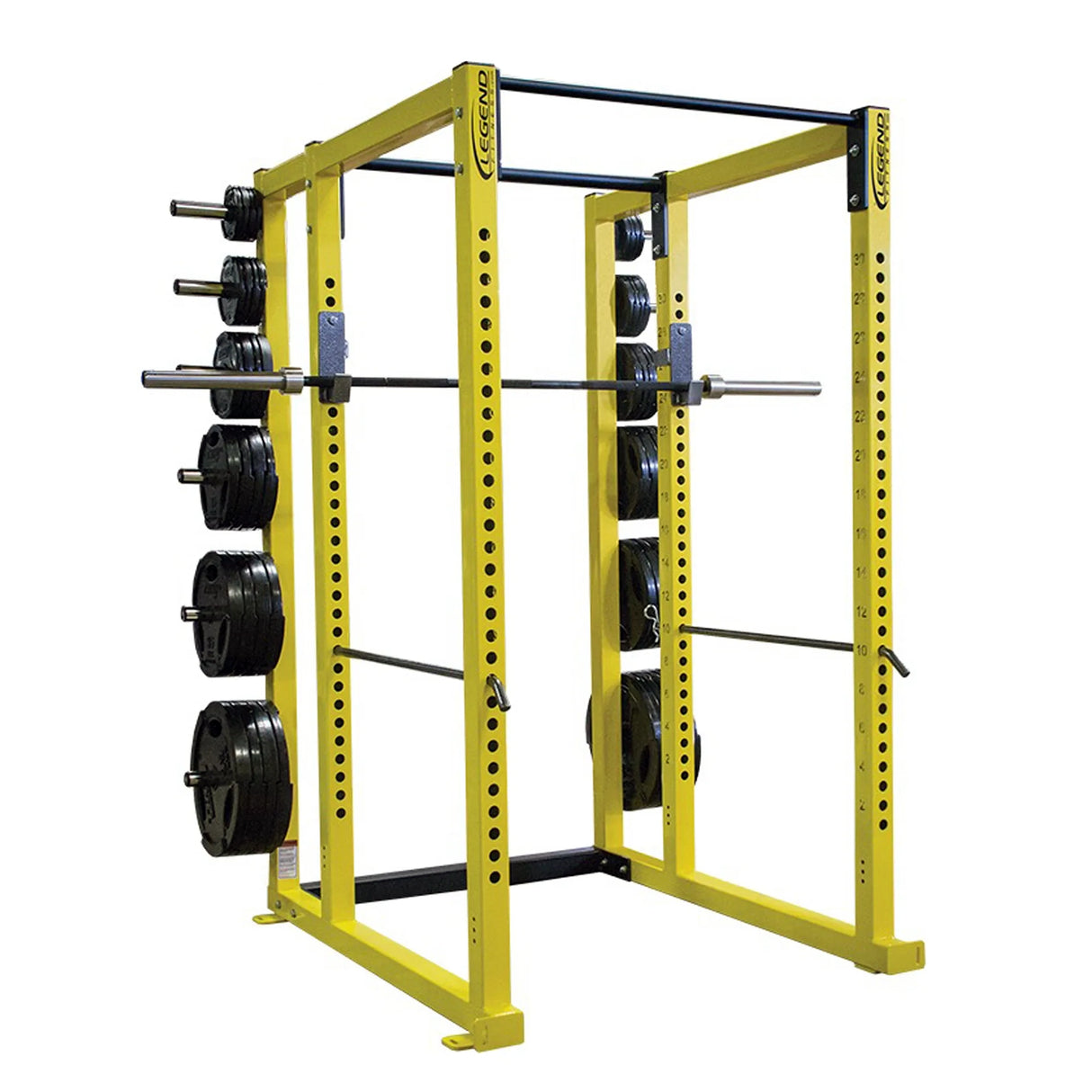 Yellow weightlifting power rack with barbell and weights on a white background