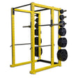 Yellow weightlifting rack with black weight plates on a white background