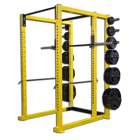 Yellow weightlifting rack with black weight plates on a white background
