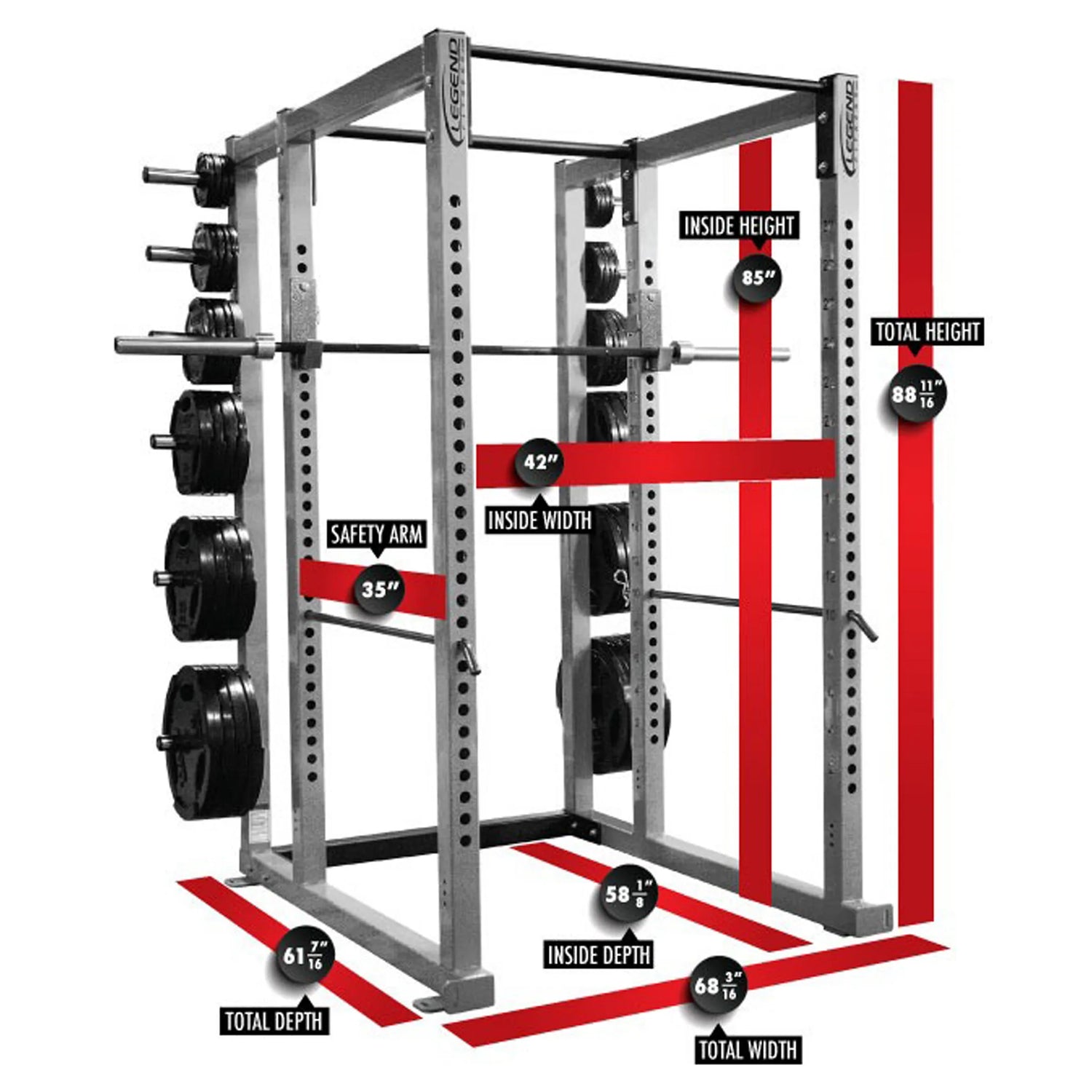 Power rack with measurement labels on a white background
