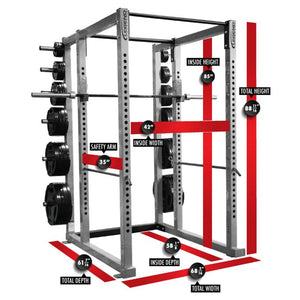 Power rack with measurement labels on a white background