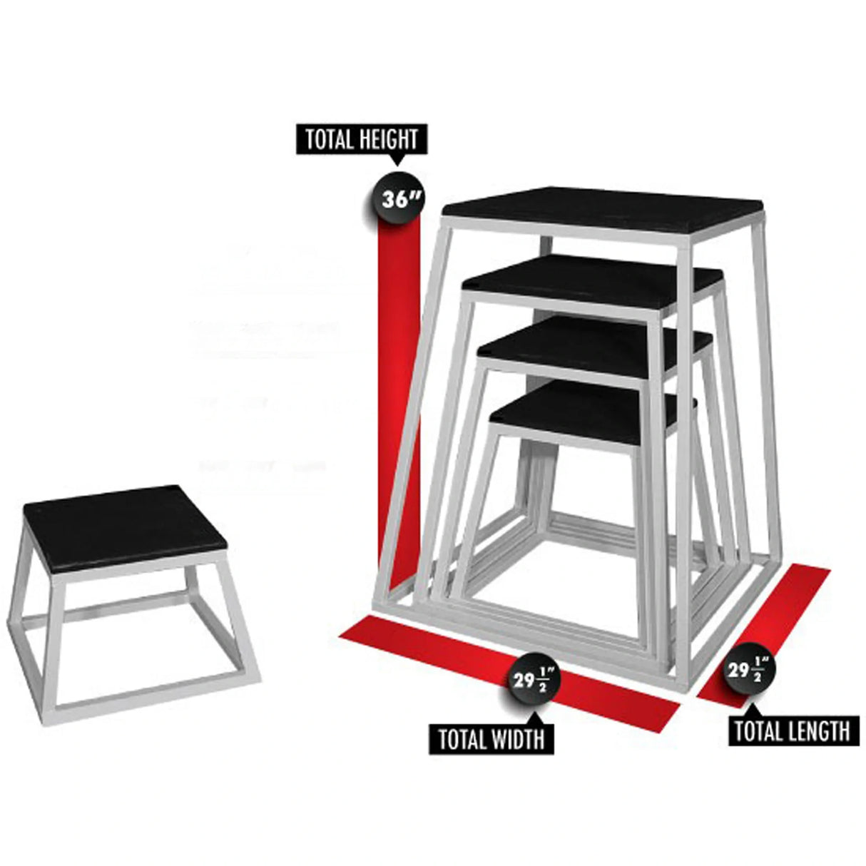 A set of five gray metal framed fitness step up boxes with black rubber tops on a white background With red measurement labels and dimensions