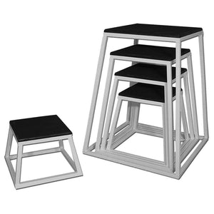 A set of five gray metal framed fitness step up boxes with black rubber tops on a white background