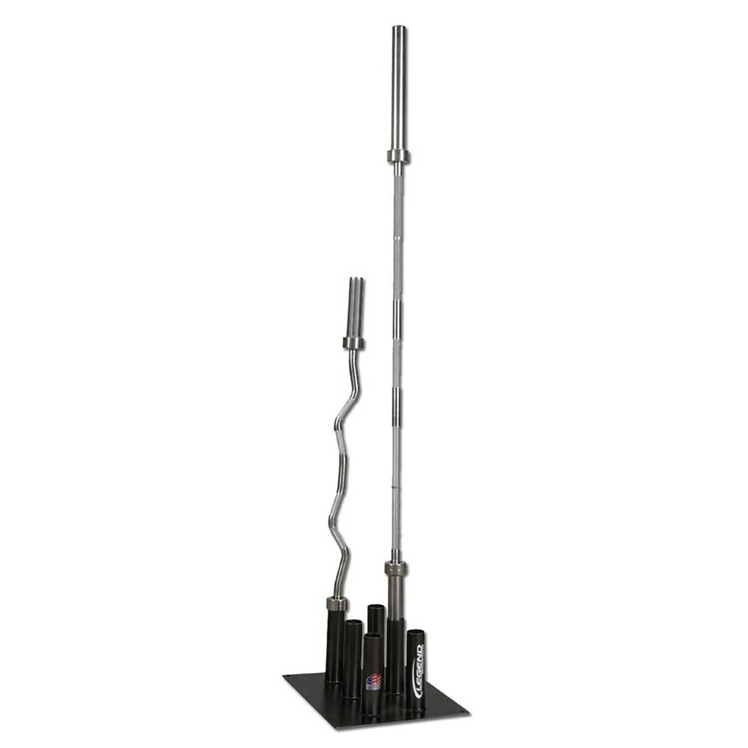 A black barbell storage holder with six slots and two barbells stored in it on a white background