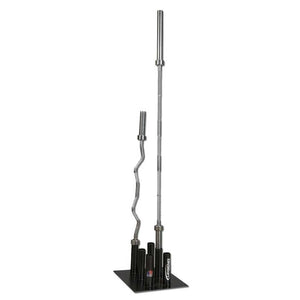 A black barbell storage holder with six slots and two barbells stored in it on a white background