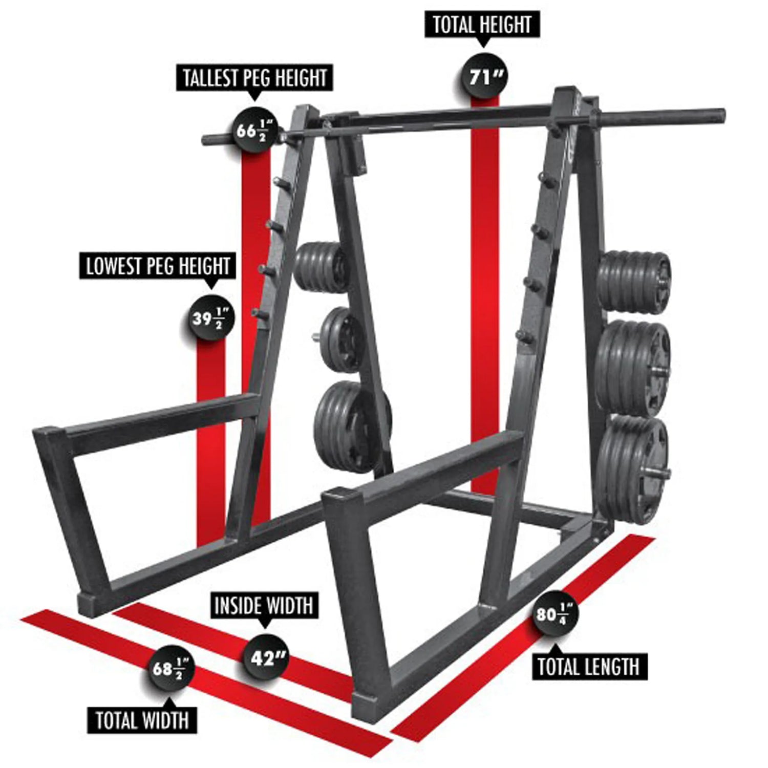 A black peg squat rack with a barbell and plates with measurments