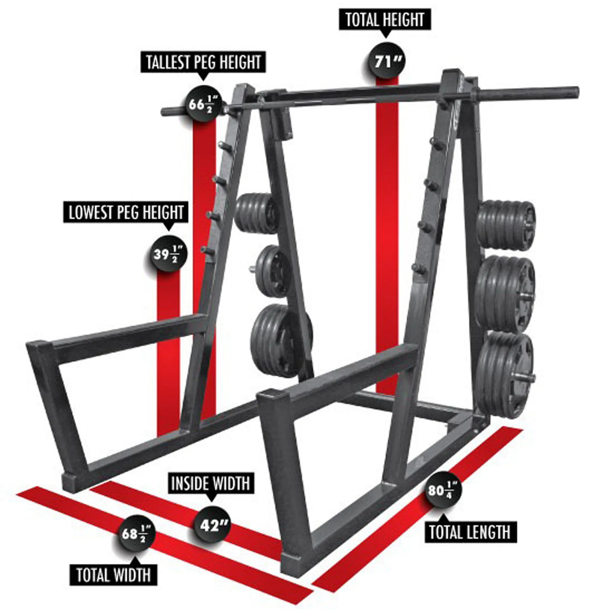 A black peg squat rack with a barbell and plates with measurments