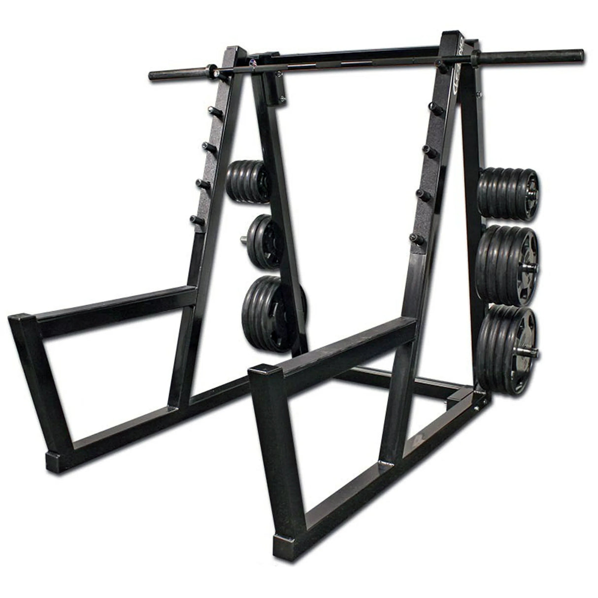 A black peg squat rack with a barbell and plates on a white background