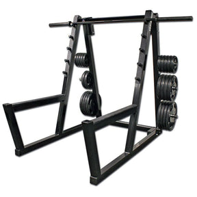 A black peg squat rack with a barbell and plates on a white background