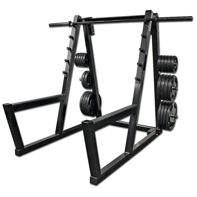 A black peg squat rack with a barbell and plates on a white background