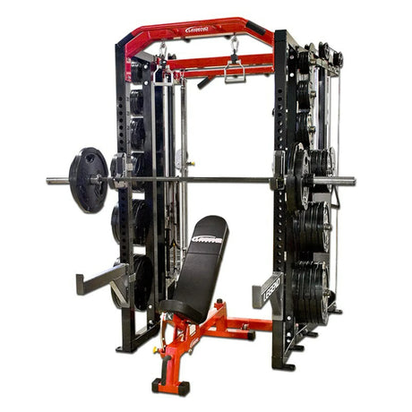 Black and red gym machine with weights and a bench on a white background