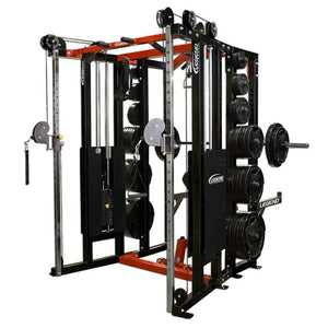 Gym power rack with weight plates on a white background