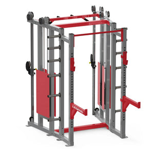 Gym power rack with red and gray design on a white background