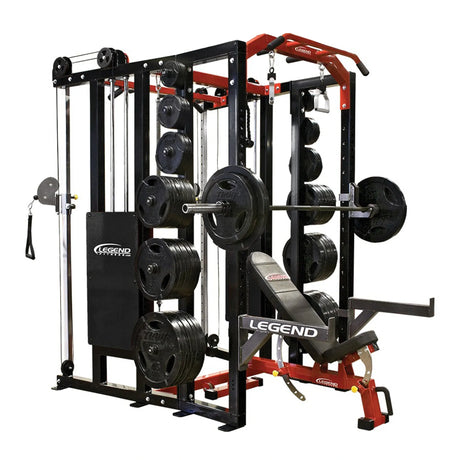 Legend Fitness weight rack with weights on a white background