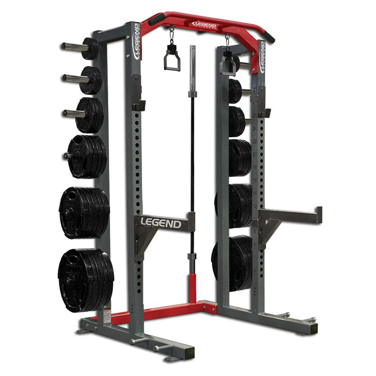 Gym weight rack with Legend branding on a white background