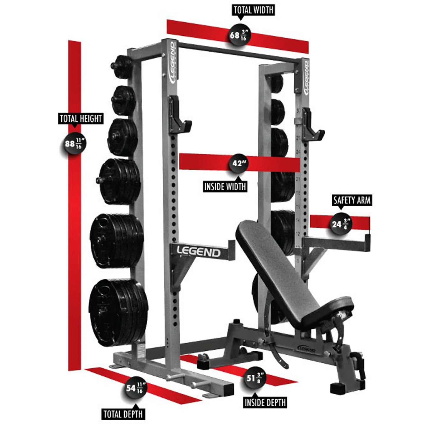 Gym rack with labeled dimensions on a white background