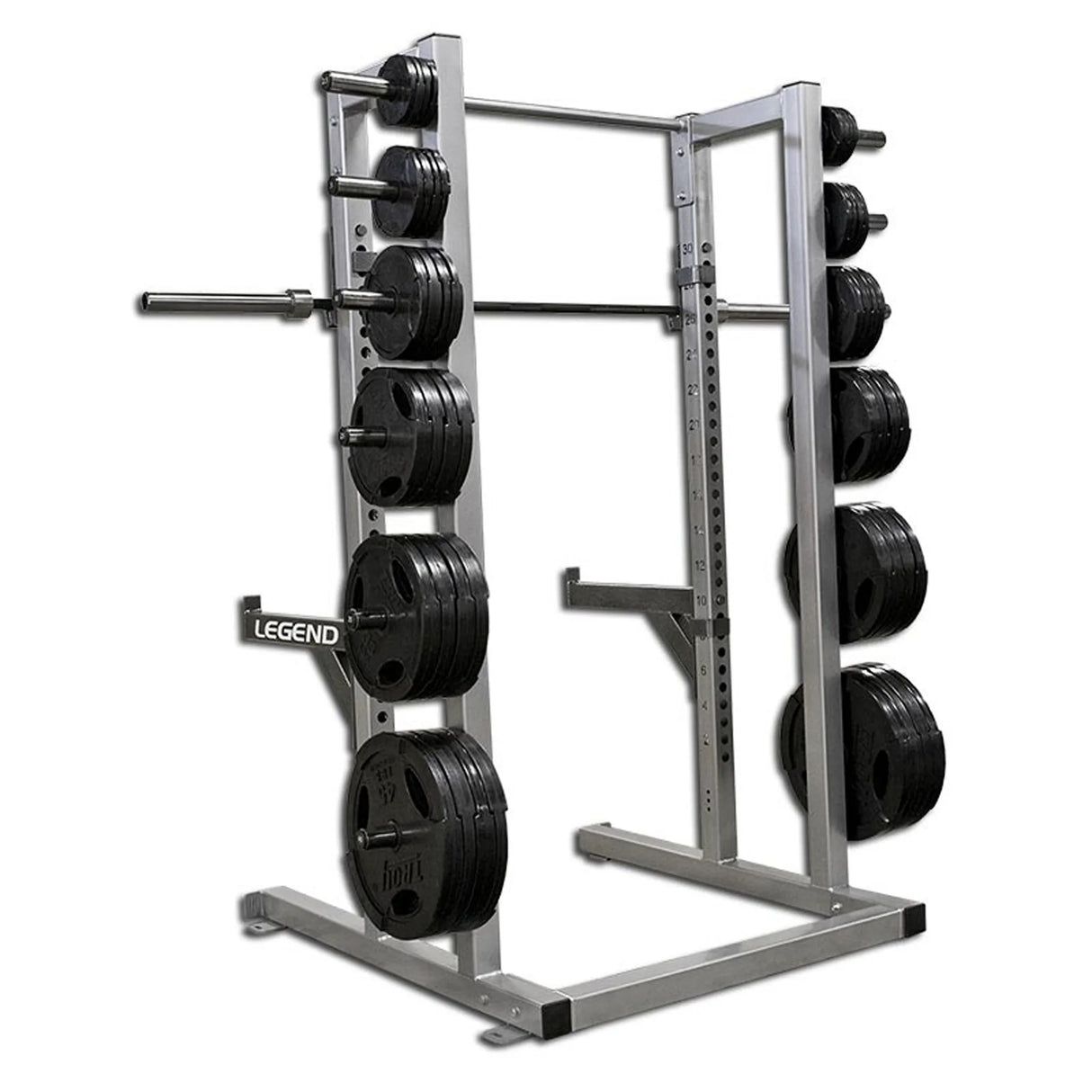 Weight rack with Legend branding and weight plates on a white background